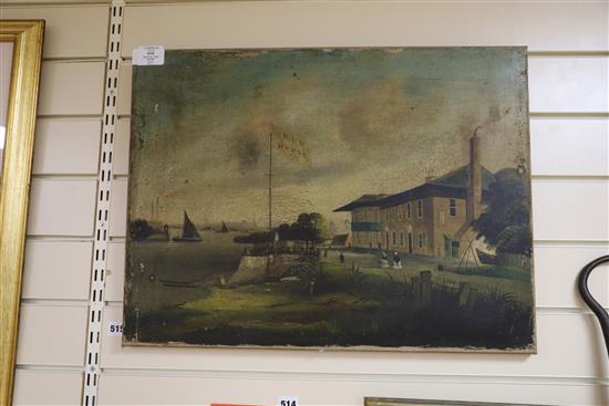 19th century English School, Naive oil on canvas, Red House, 46 x 61cm, unframed